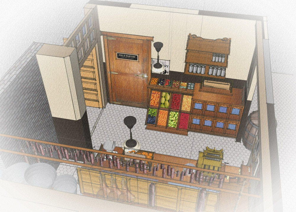 Menotti's Grocery Store at The Townhouse in Venice Beach CA: Design rendering of space. ©Chapple Design 2014. Note trap doors leading down stairs.